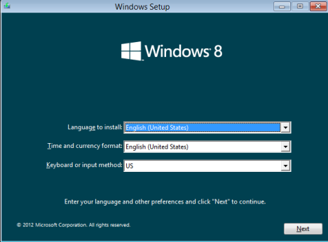 Вsбор языка установки Windows 8