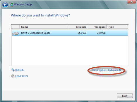 Параметры диска при установке Windows 8